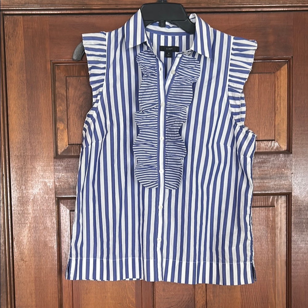 J. Crew Blue and White Striped Ruffle Blouse
